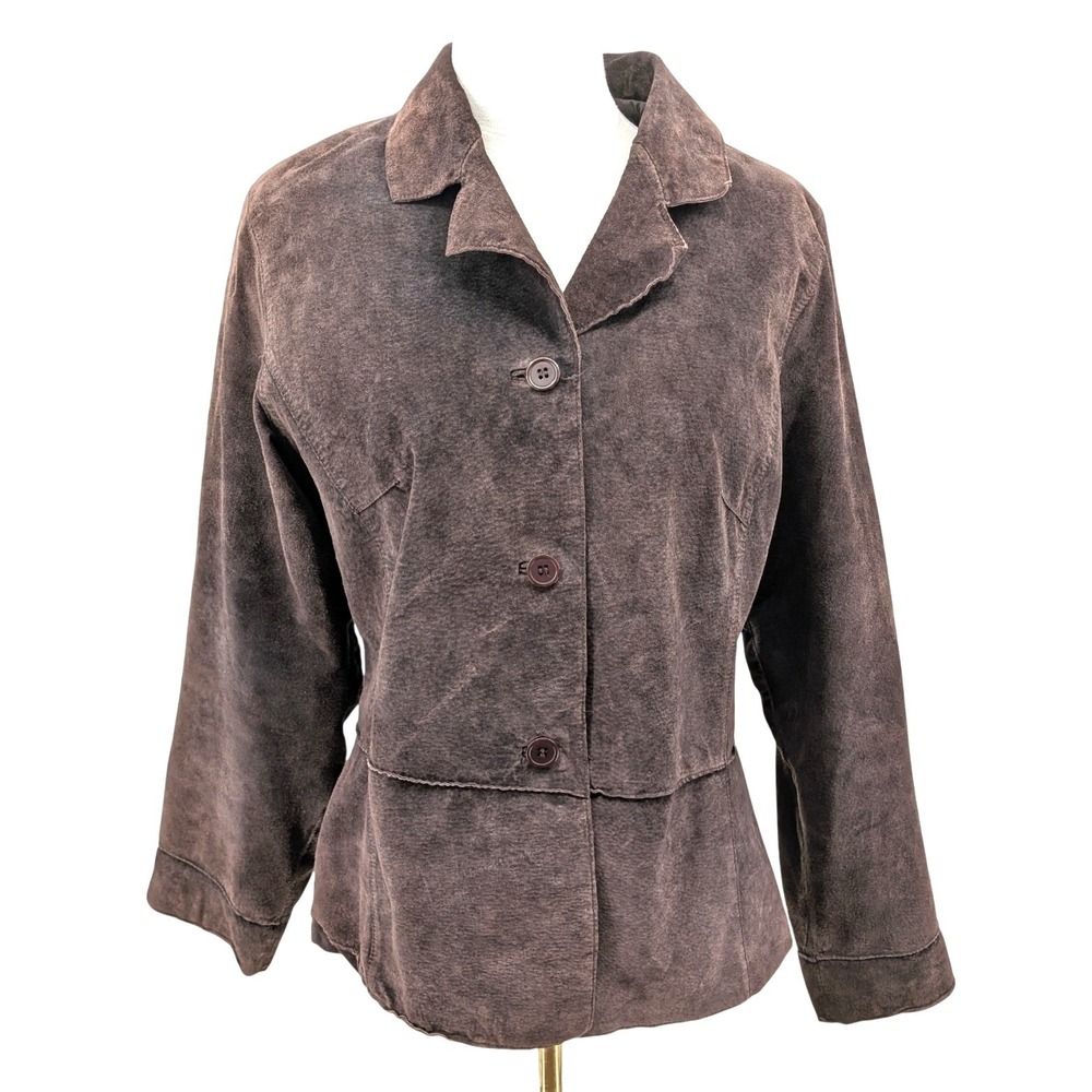 Brown Suede Leather Jacket Womens L Brandon Thomas Button Front Blazer Boho